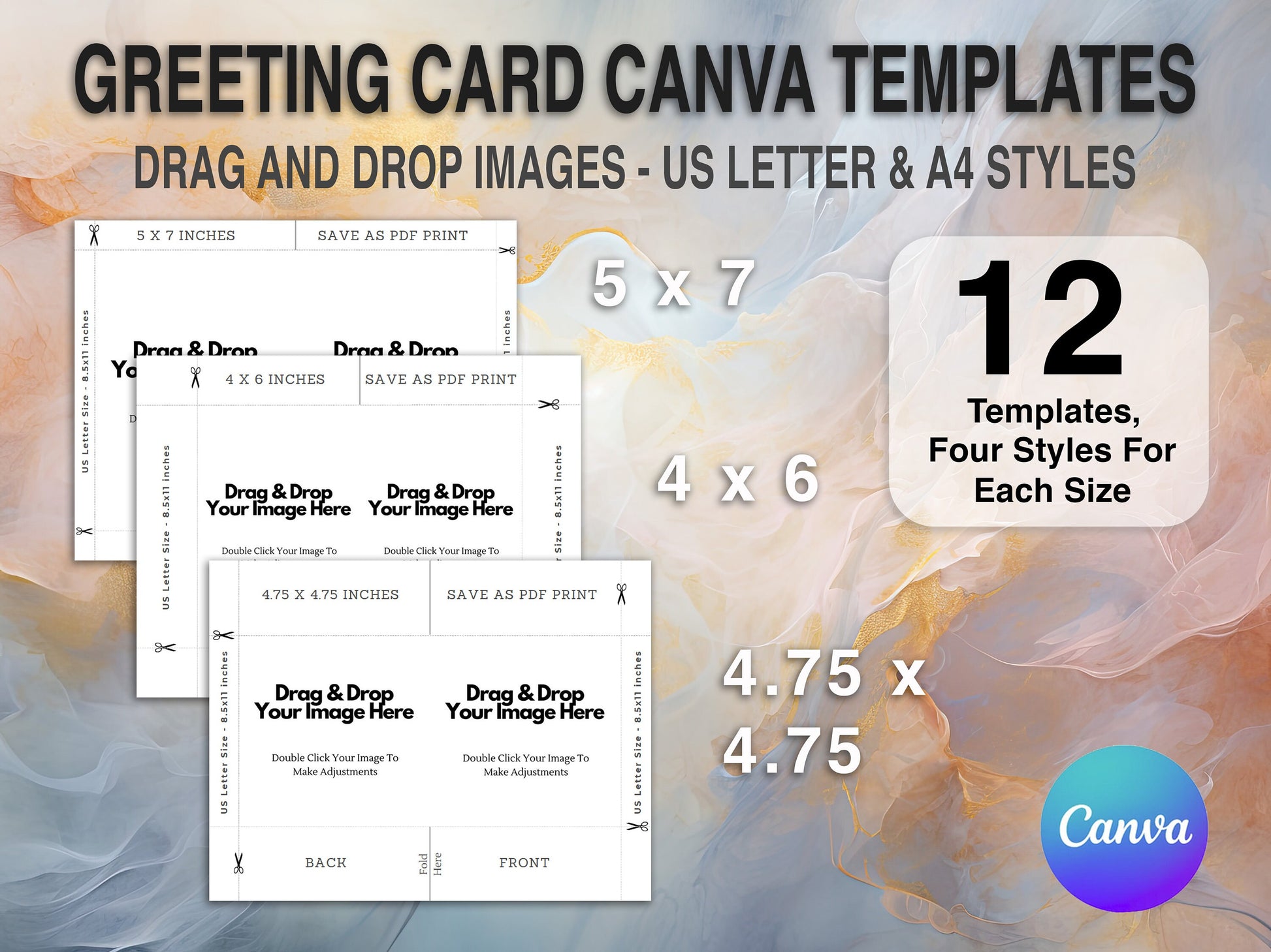 Greeting Card Drag & Drop Canva Template Bundle 5x7 4x6 and 4.75x4.75, Canva Template, Printable Card Template, Commercial Use Card Template