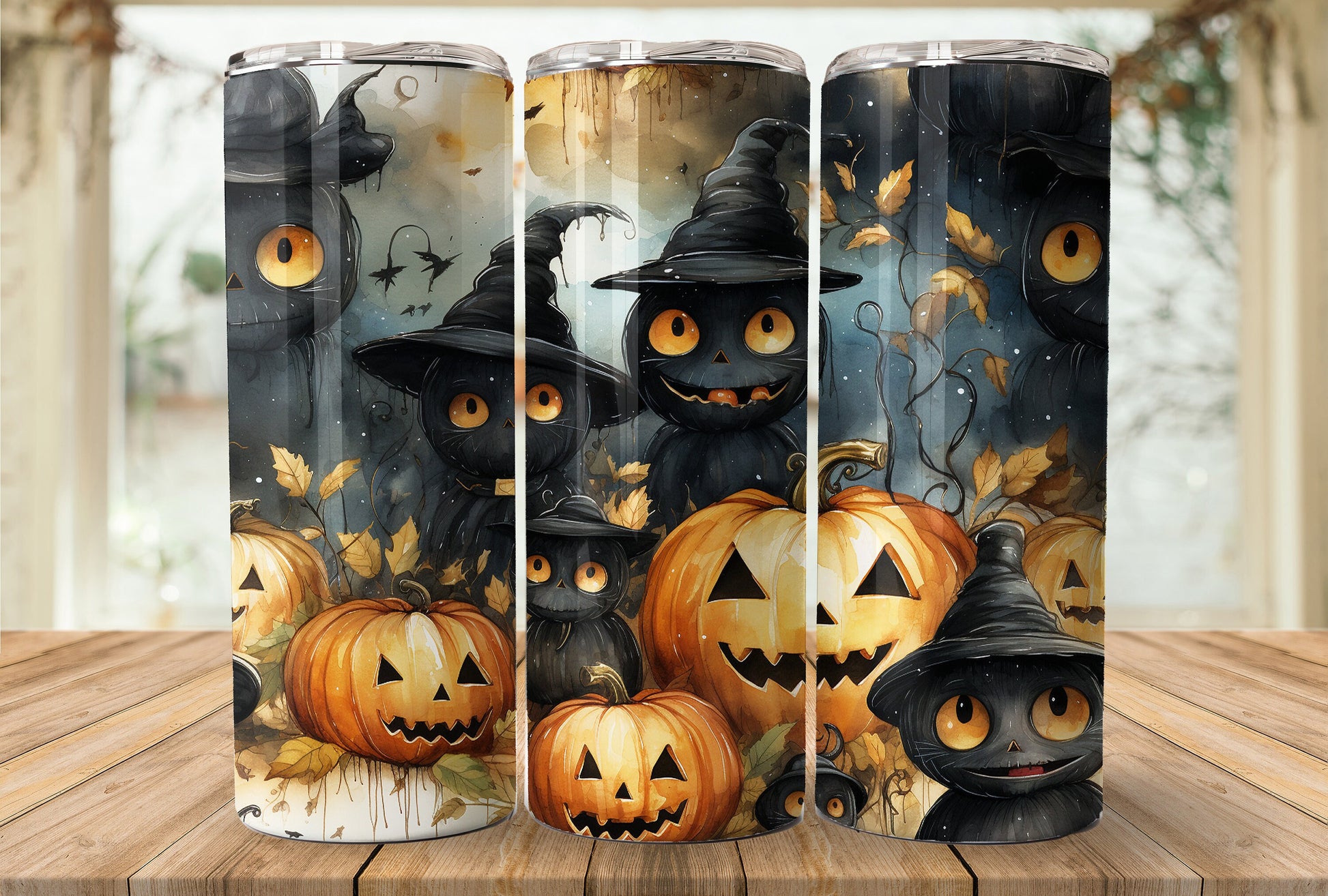 Cute Halloween 20oz Skinny Tumbler Sublimation Wrap | Digital Download Straight Tumbler Wrap PNG | Seamless Cats and Jack o lantern Design|