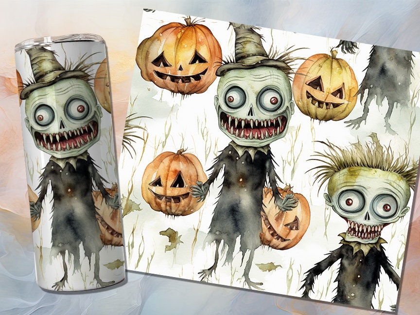 Cute Zombie Halloween 20oz Skinny Tumbler Sublimation Wrap | Digital Download Straight Tumbler Wrap PNG | Seamless Design| Whimsical Artwork