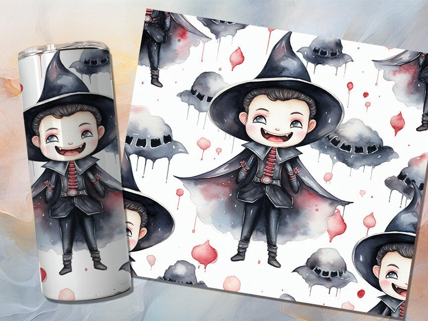 Cute Vampire Halloween 20oz Skinny Tumbler Sublimation Wrap | Digital Download Straight Tumbler Wrap PNG | Seamless Design | Whimsical Art