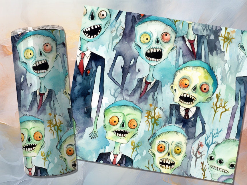 Cute Zombie Halloween 20oz Skinny Tumbler Sublimation Wrap | Digital Download Straight Tumbler Wrap PNG | Seamless Design| Whimsical Artwork