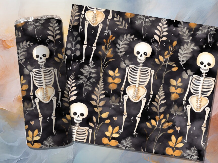 Cute Halloween Skeleton 20oz Skinny Tumbler Sublimation Wrap | Digital Download Straight Tumbler Wrap PNG | Seamless Design| Whimsical Art