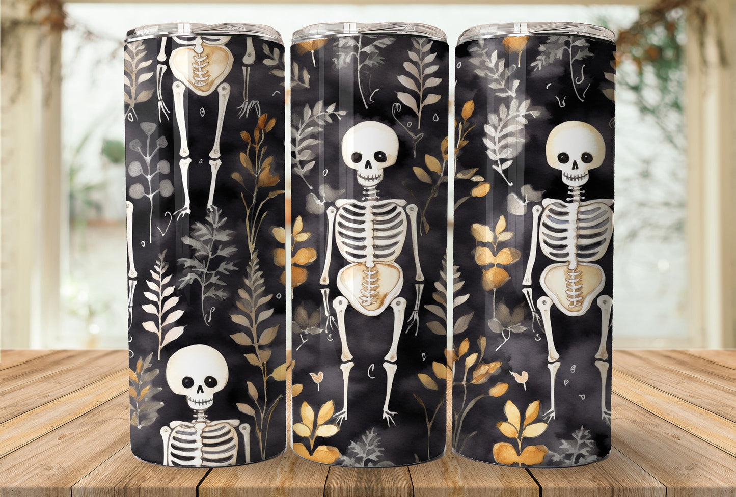 Cute Halloween Skeleton 20oz Skinny Tumbler Sublimation Wrap | Digital Download Straight Tumbler Wrap PNG | Seamless Design| Whimsical Art