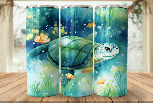 Cute Turtle 20oz Skinny Tumbler Sublimation Wrap | Digital Download Straight Tumbler Wrap PNG | Seamless Design| Whimsical Ocean Art