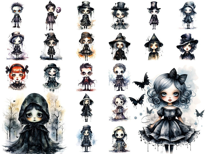 Cute Gothic Halloween Characters: Halloween Art for Crafts and Decor | PNG Clipart Bundle | Digital Download, Sublimation Designs, Whimsical
