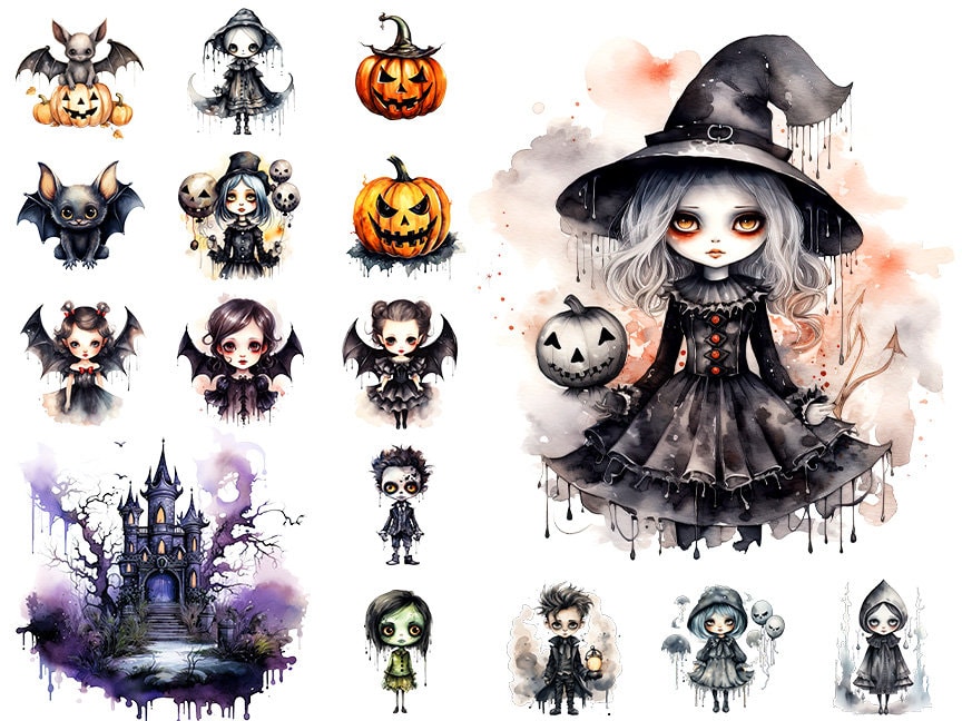 Cute Gothic Halloween Characters: Halloween Art for Crafts and Decor | PNG Clipart Bundle | Digital Download, Sublimation Designs, Whimsical