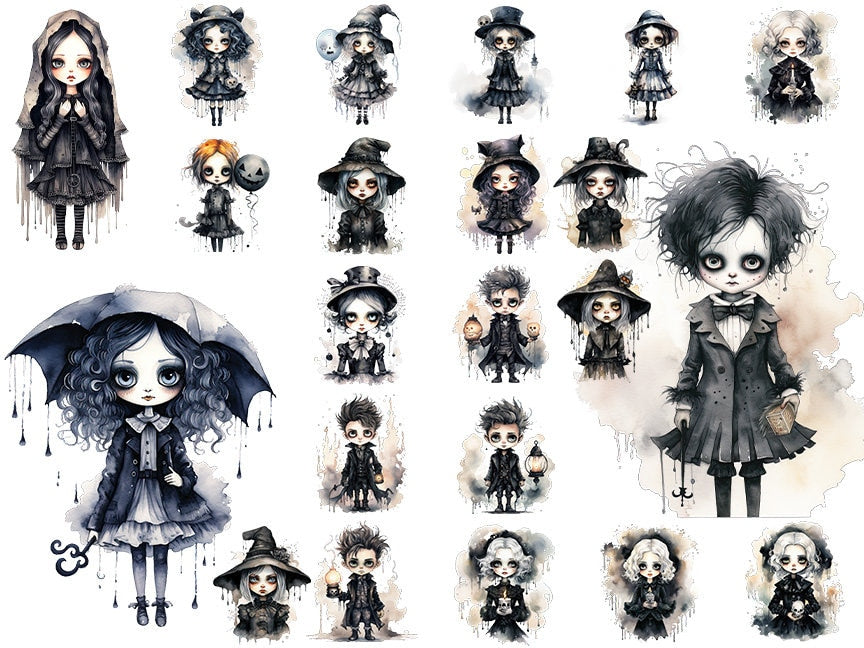 Cute Gothic Halloween Characters: Halloween Art for Crafts and Decor | PNG Clipart Bundle | Digital Download, Sublimation Designs, Whimsical