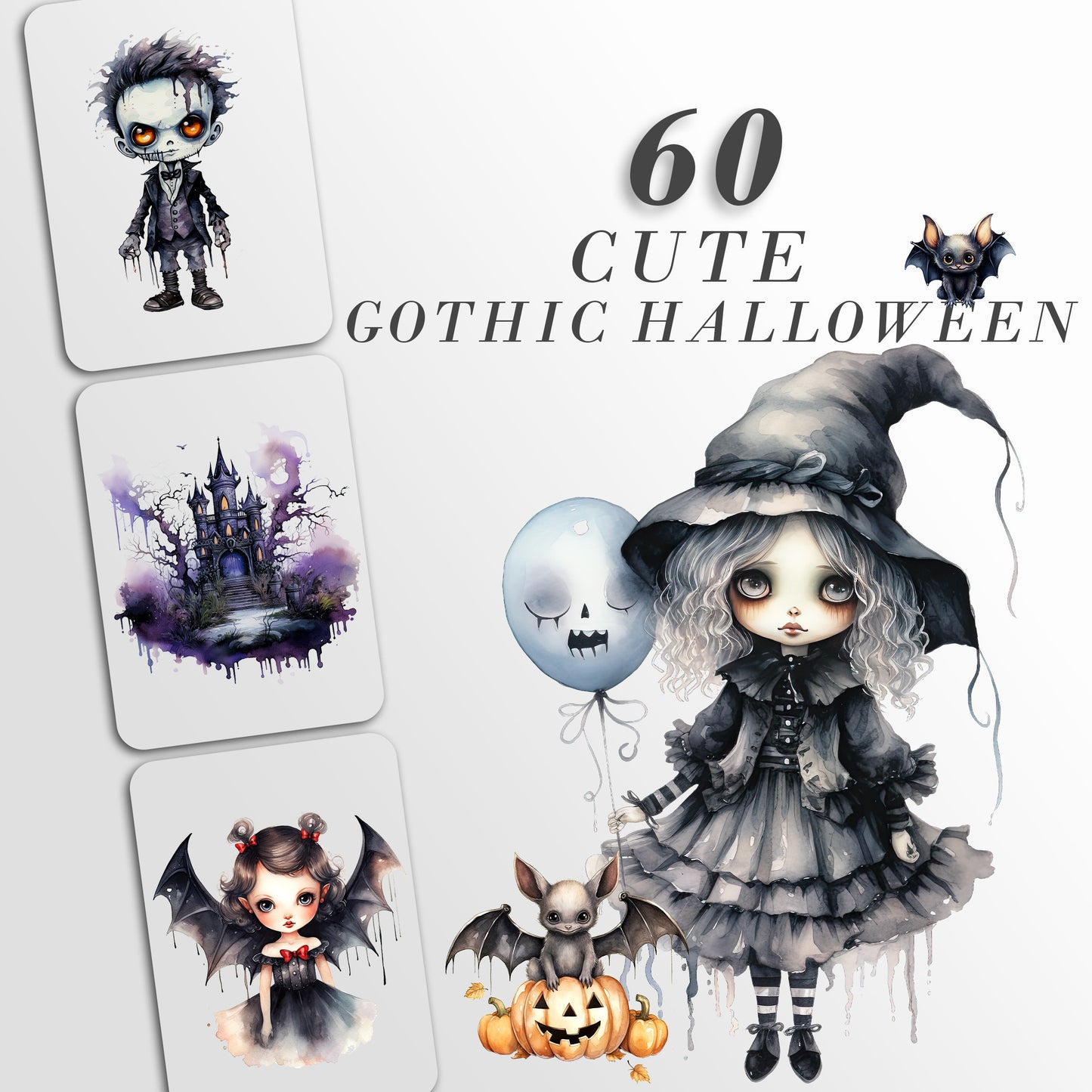 Cute Gothic Halloween Characters: Halloween Art for Crafts and Decor | PNG Clipart Bundle | Digital Download, Sublimation Designs, Whimsical