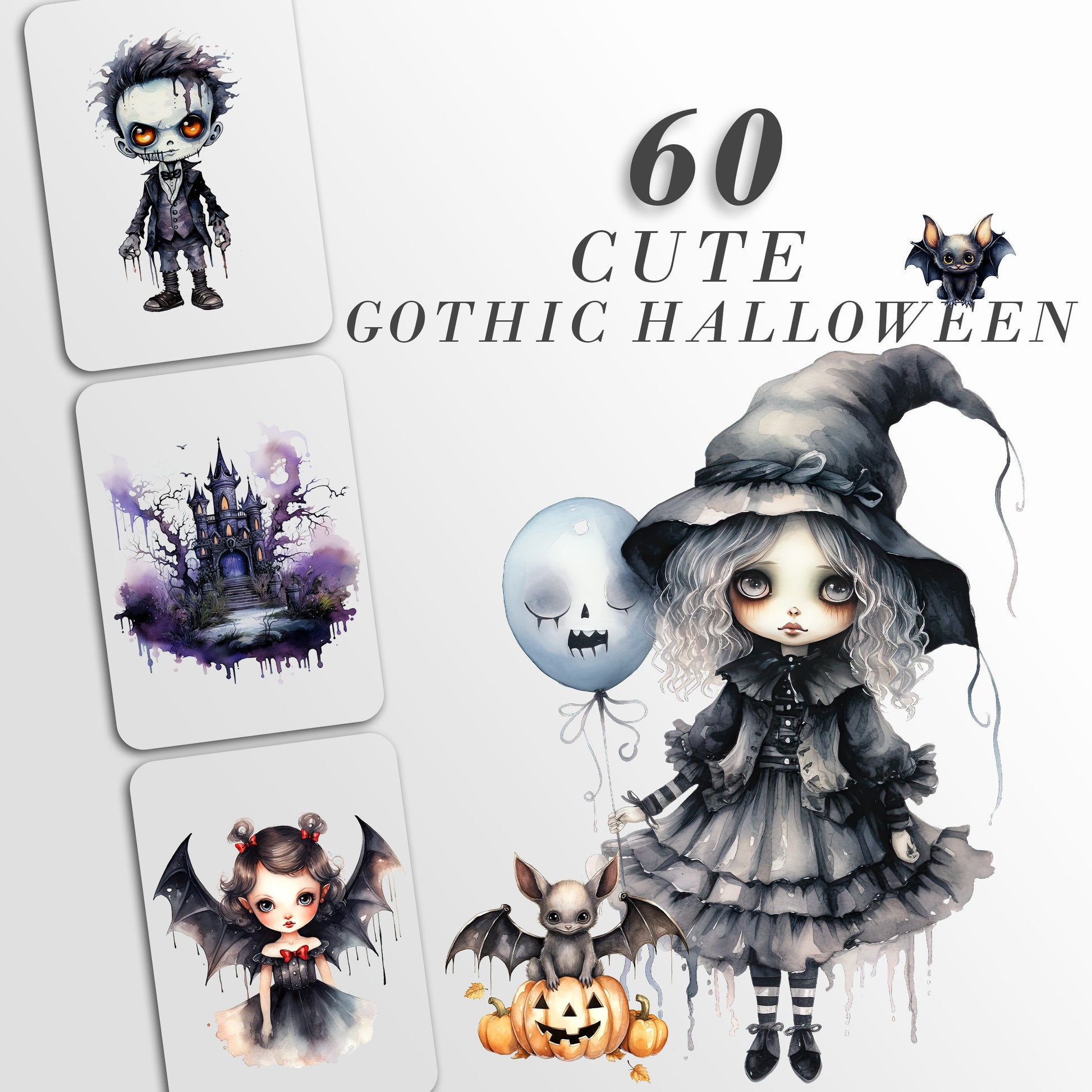 Cute Gothic Halloween Characters: Halloween Art for Crafts and Decor | PNG Clipart Bundle | Digital Download, Sublimation Designs, Whimsical