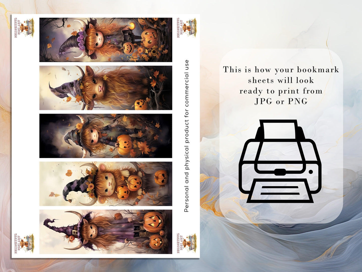 15 Cute Halloween Highland Cow Printable Bookmarks | Digital Download JPG Bookmark Set| PNG bookmark sublimation | Whimsical bookmark set