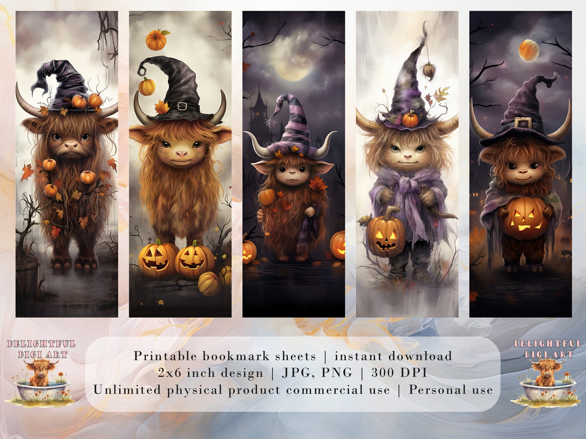 15 Cute Halloween Highland Cow Printable Bookmarks | Digital Download JPG Bookmark Set| PNG bookmark sublimation | Whimsical bookmark set