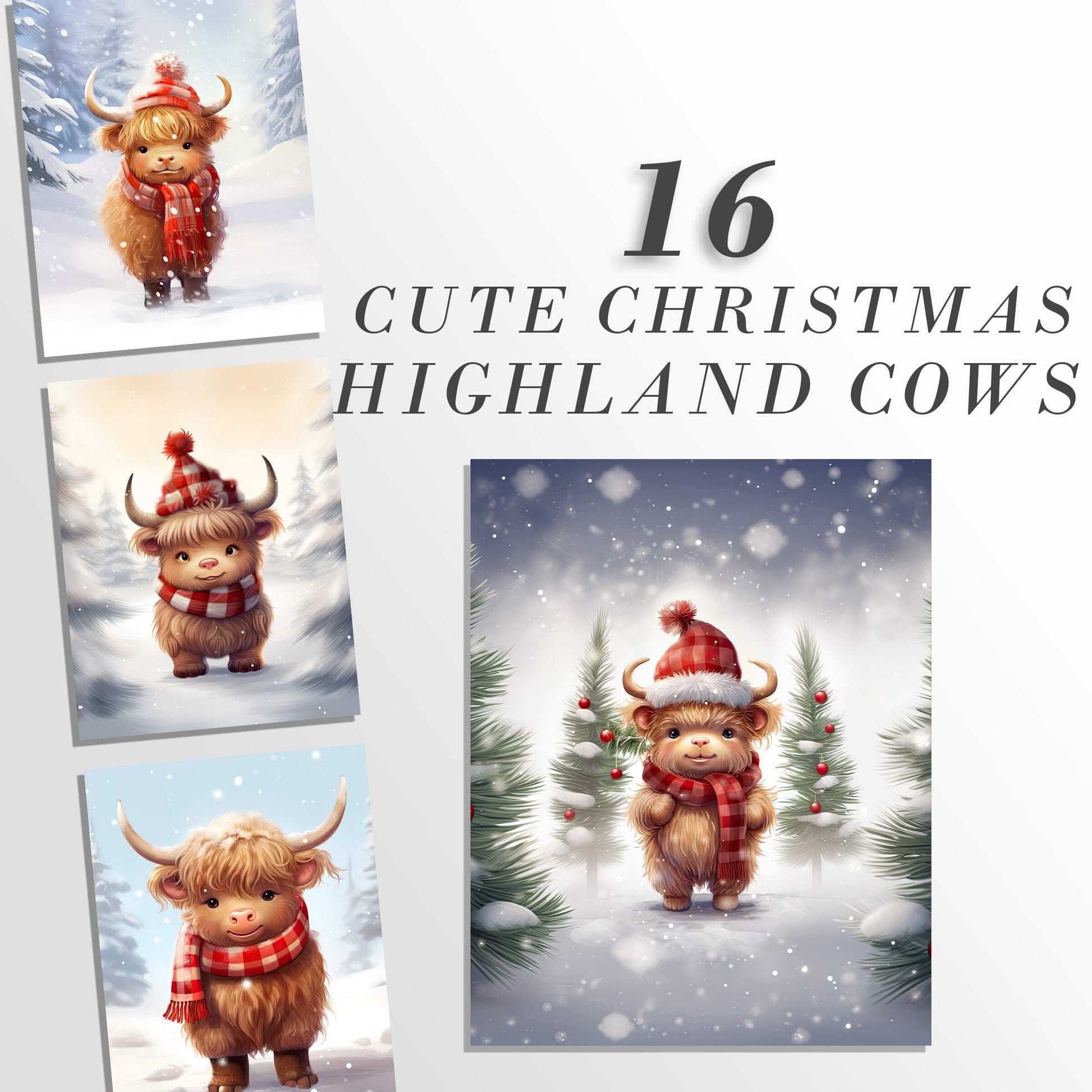 Watercolor Christmas Highland Cows Clipart: Cow Art for Christmas Crafts and Decor | PNG Bundle | Digital Download | Sublimation files