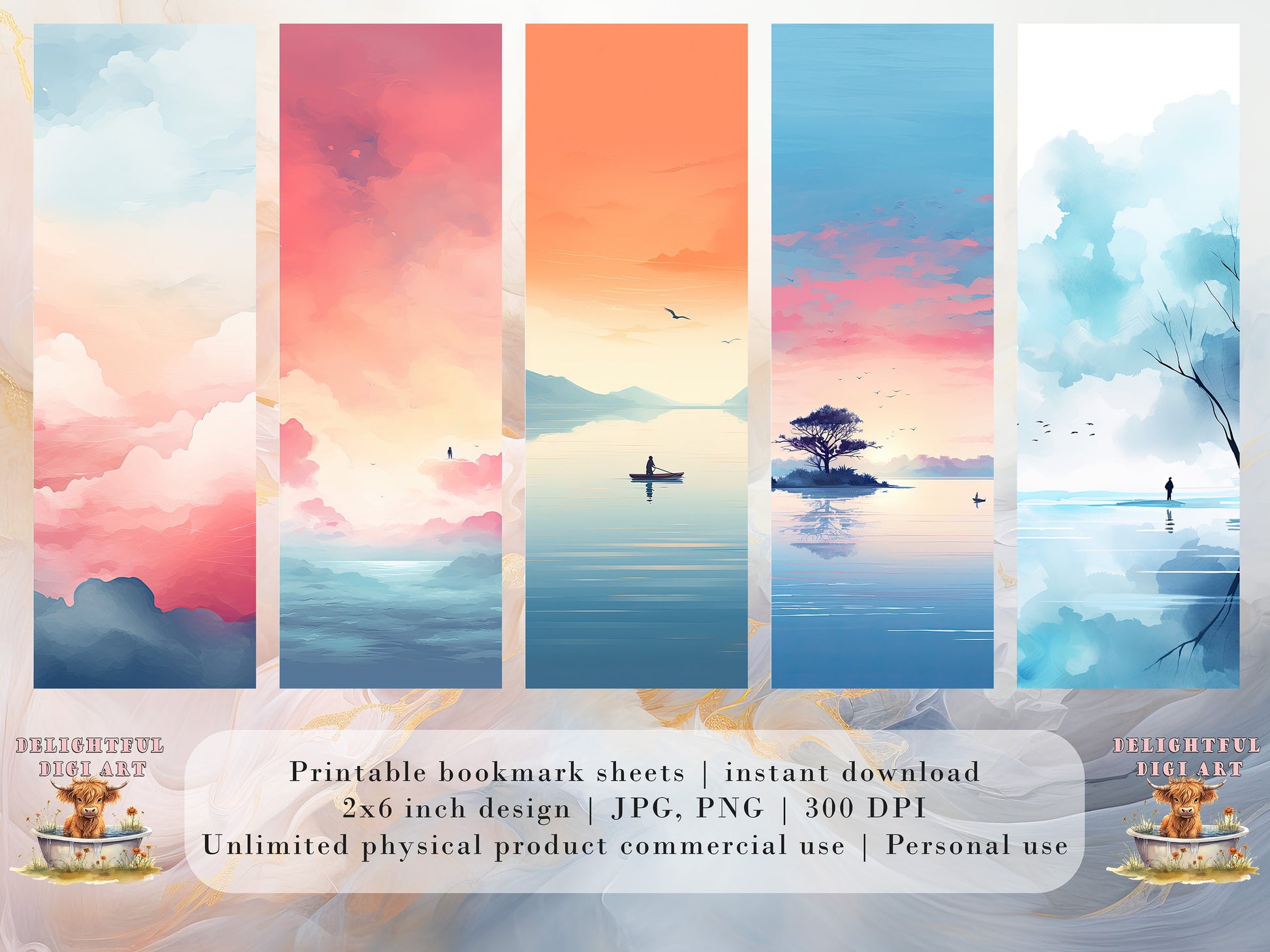 15 Minimalist Printable Bookmarks | Digital Download JPG Bookmark Set| PNG bookmark sublimation | Sunset bookmark set | Fussy Cuts | 2 x 6