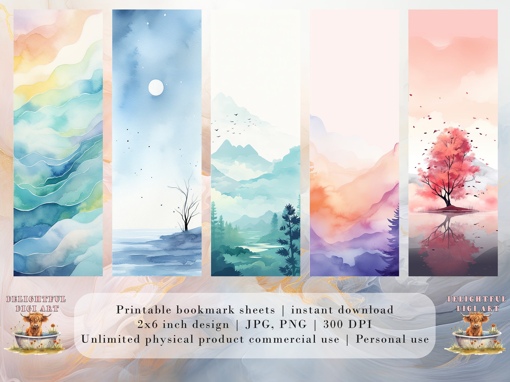 15 Minimalist Printable Bookmarks | Digital Download JPG Bookmark Set| PNG bookmark sublimation | Sunset bookmark set | Fussy Cuts | 2 x 6