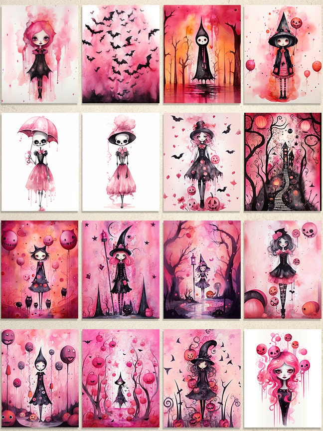 22 Hot Pink Halloween Printable Art Pages| Digital Download JPG Paper Set| PNG sublimation| Whimsical Digital Paper Bundle| Retro Characters