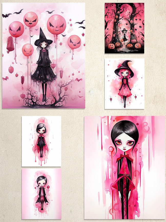 22 Hot Pink Halloween Printable Art Pages| Digital Download JPG Paper Set| PNG sublimation| Whimsical Digital Paper Bundle| Retro Characters