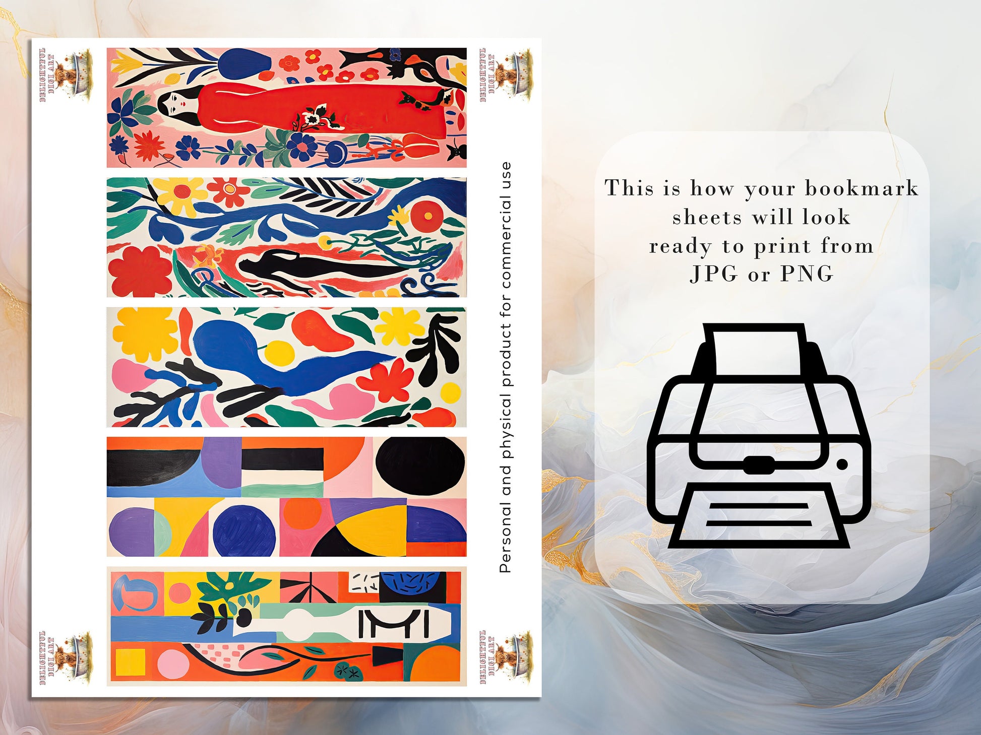 15 Henri Matisse Inspired Printable Bookmarks | Digital Download JPG Bookmark Set| PNG bookmark sublimation | Bookmark Art Set | Fussy Cuts