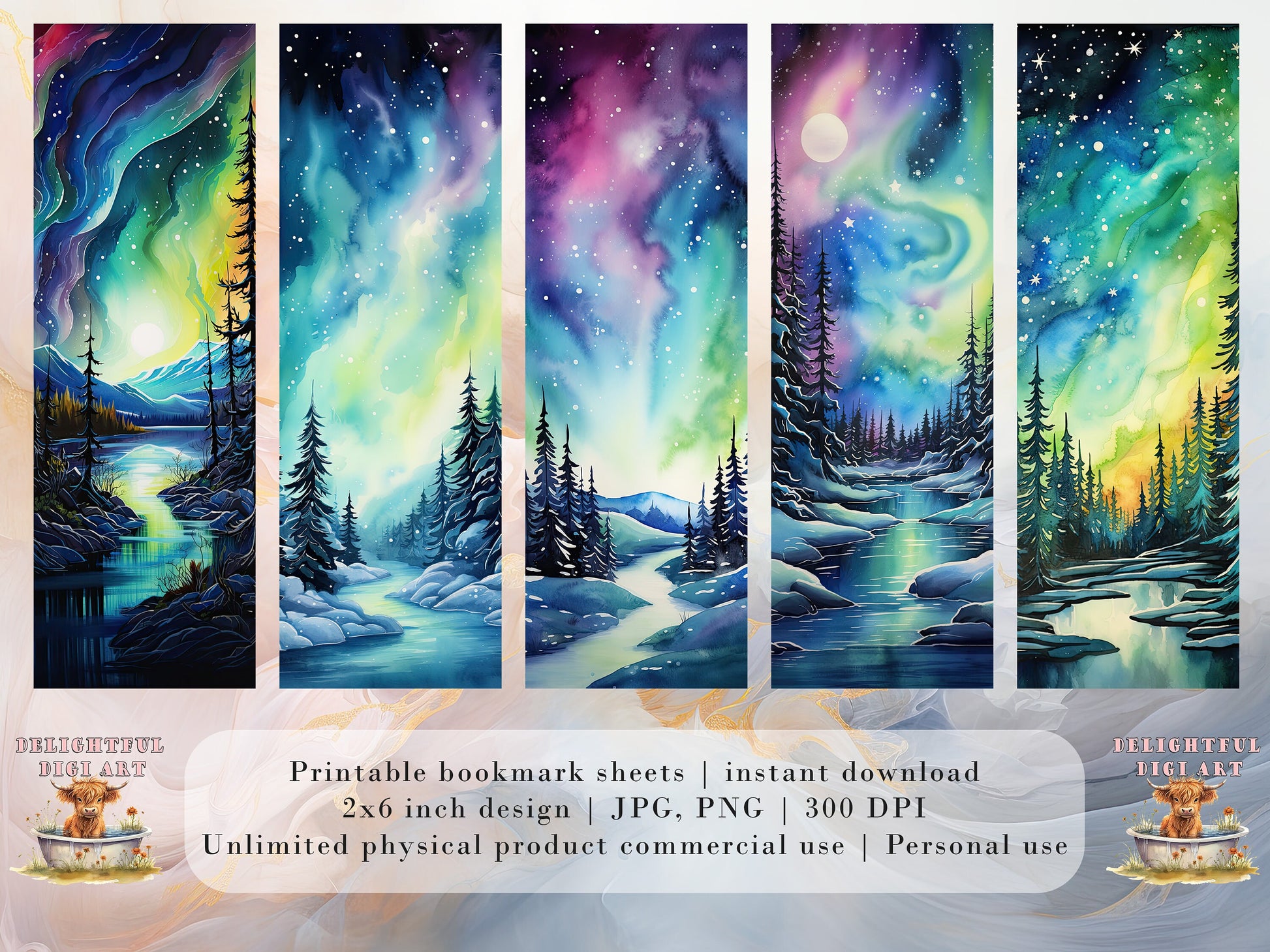20 Northern Lights Printable Bookmarks | Digital Download JPG Bookmark Set| PNG bookmark sublimation | Bookmark Art Set | Fussy Cuts