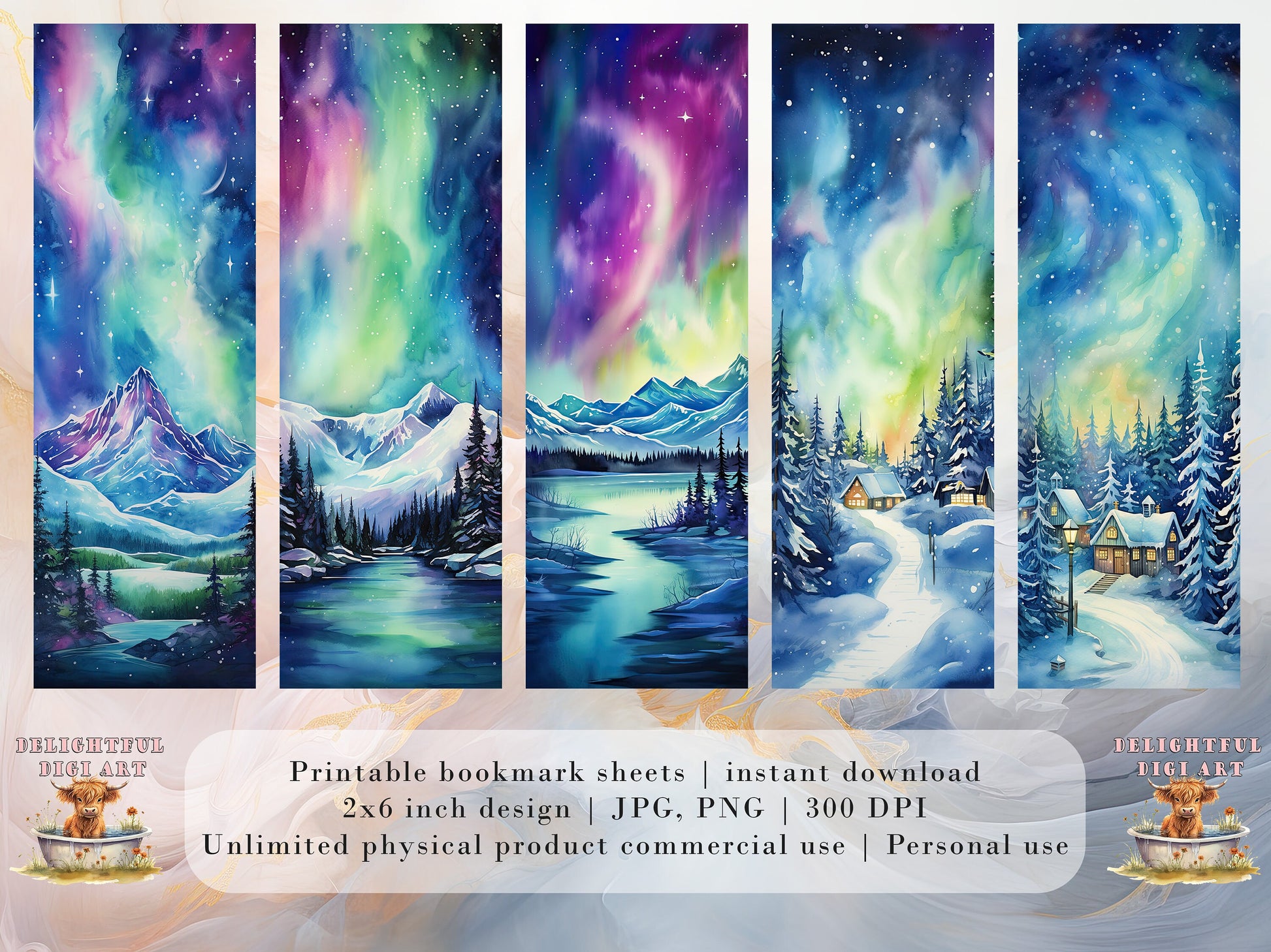 20 Northern Lights Printable Bookmarks | Digital Download JPG Bookmark Set| PNG bookmark sublimation | Bookmark Art Set | Fussy Cuts