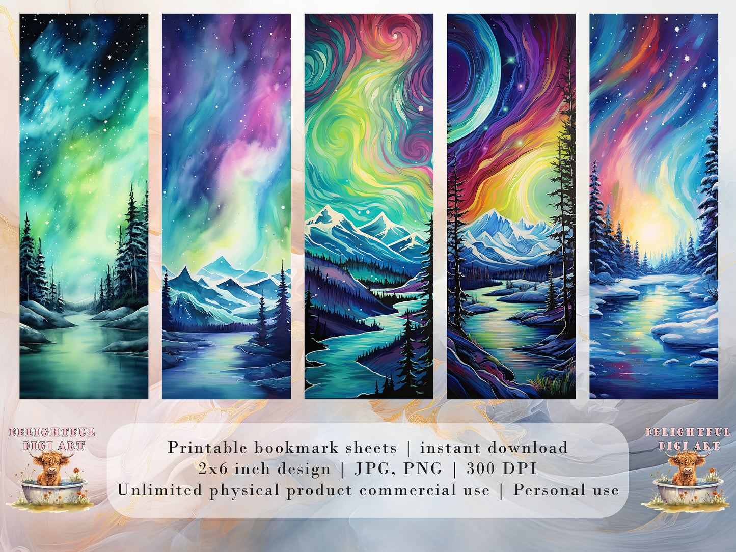 20 Northern Lights Printable Bookmarks | Digital Download JPG Bookmark Set| PNG bookmark sublimation | Bookmark Art Set | Fussy Cuts