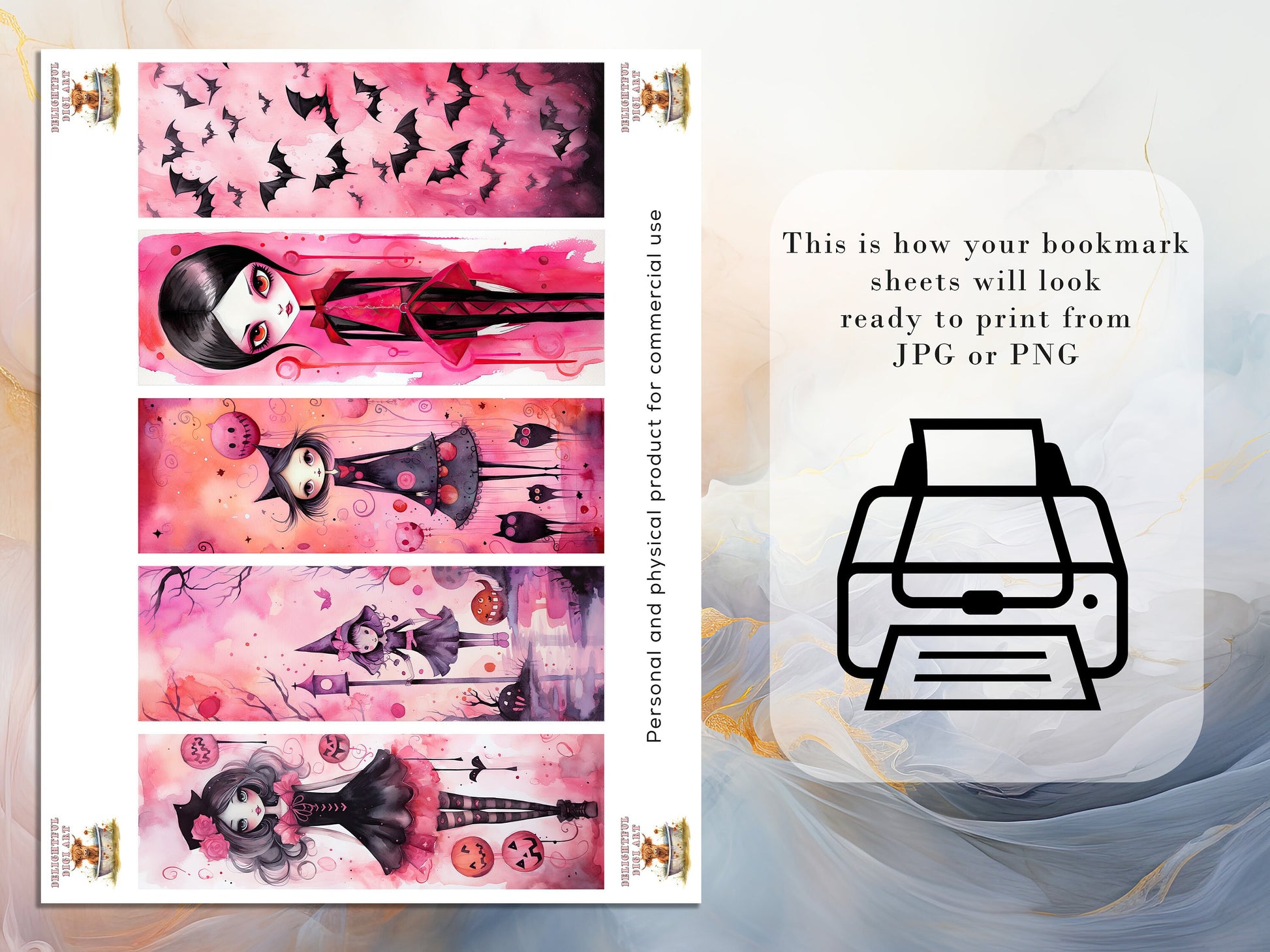 20 Hot Pink Halloween Printable Bookmarks | Digital Download JPG Bookmark Set| PNG bookmark sublimation| Whimsical bookmark Bundle| Cute Art