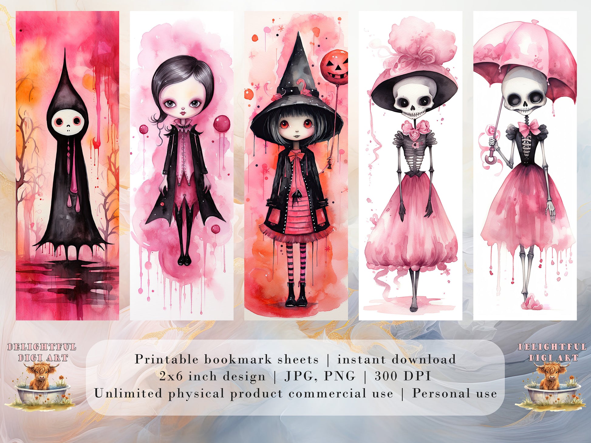 20 Hot Pink Halloween Printable Bookmarks | Digital Download JPG Bookmark Set| PNG bookmark sublimation| Whimsical bookmark Bundle| Cute Art