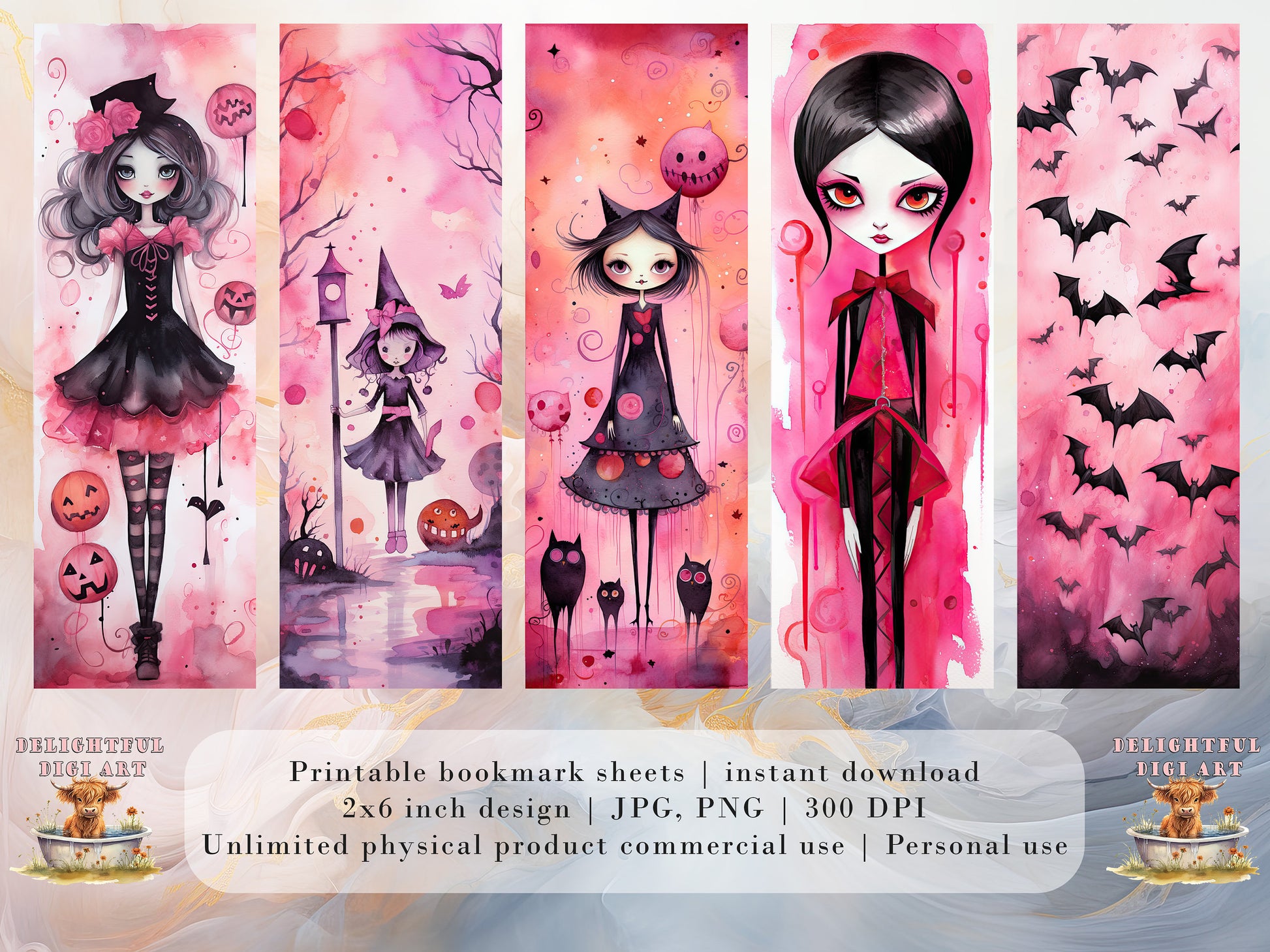 20 Hot Pink Halloween Printable Bookmarks | Digital Download JPG Bookmark Set| PNG bookmark sublimation| Whimsical bookmark Bundle| Cute Art
