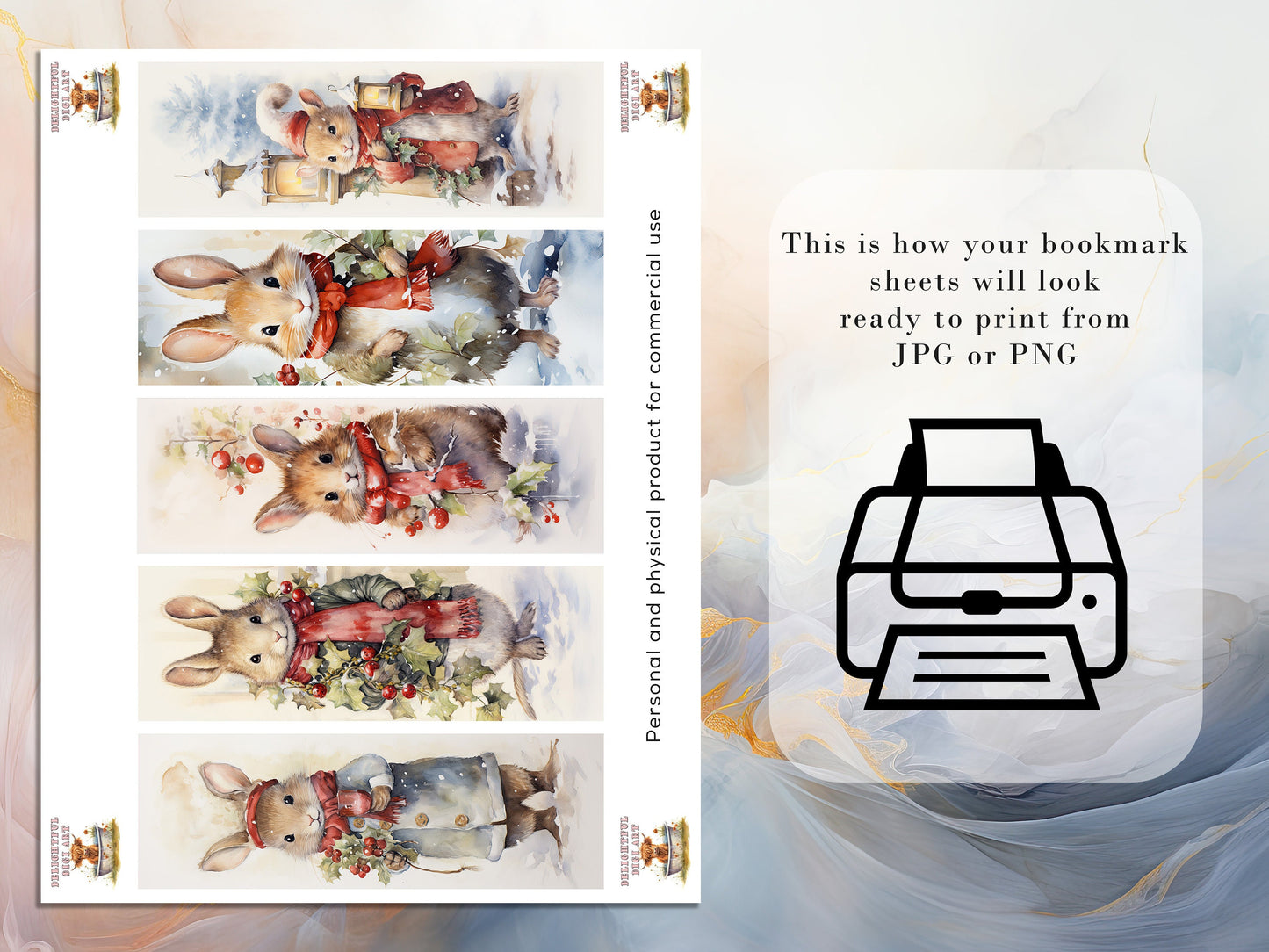 15 Cute Christmas Critter Printable Bookmarks | Digital Download JPG Bookmark Sheets | PNG bookmark sublimation | Bunny bookmark set | Xmas