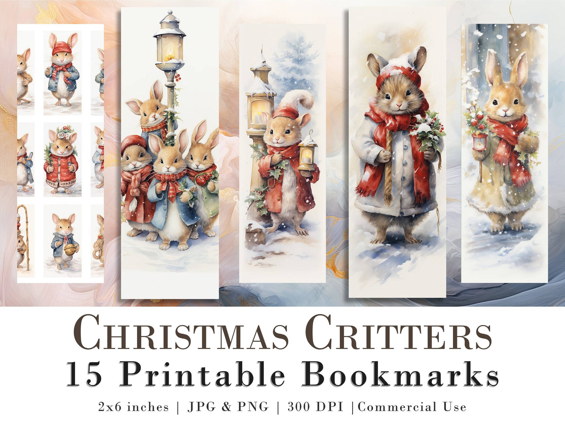 15 Cute Christmas Critter Printable Bookmarks | Digital Download JPG Bookmark Sheets | PNG bookmark sublimation | Bunny bookmark set | Xmas