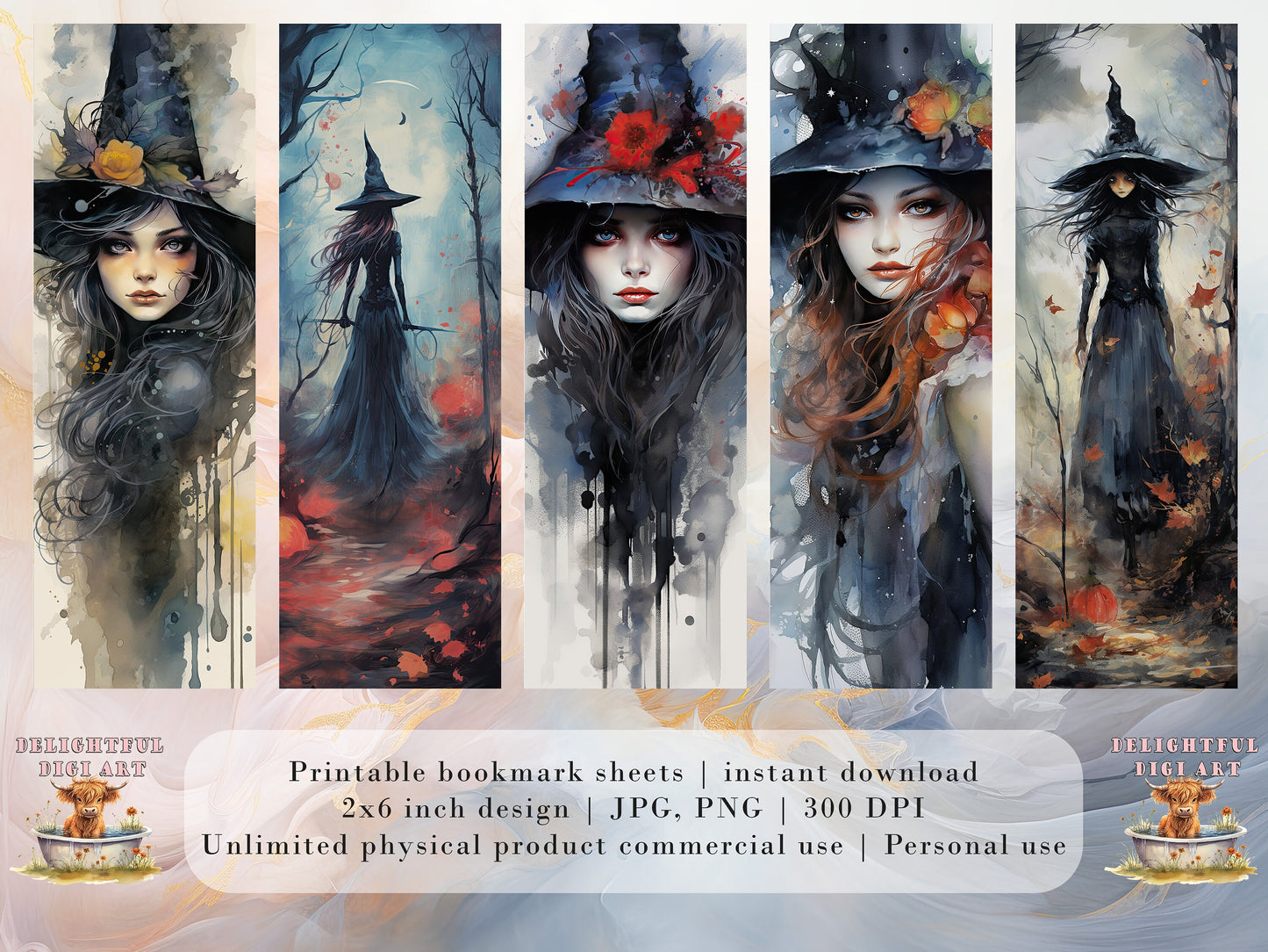 10 Witch Printable Bookmarks | Digital Download JPG Bookmark Set| PNG bookmark sublimation | Whitchy bookmark Bundle | Fussy Cuts | Occult