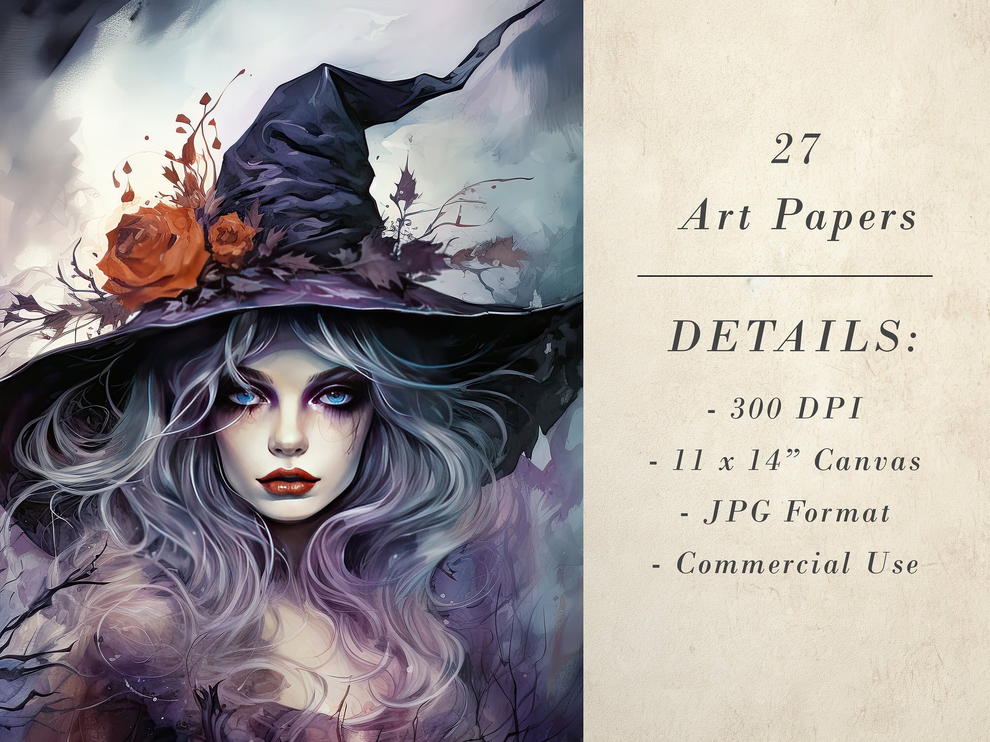 27 Witch Printable Art Pages | Digital Download JPG Paper Set| PNG sublimation | Witchy Digital Paper Bundle | Watercolor Witch Art | Craft