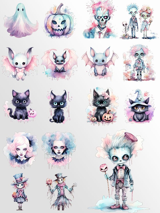 Pastel Halloween Characters Clipart: Pastel Art for Crafts and Decor | PNG Bundle | Digital Download | Sublimation Designs| Retro Spooky Art