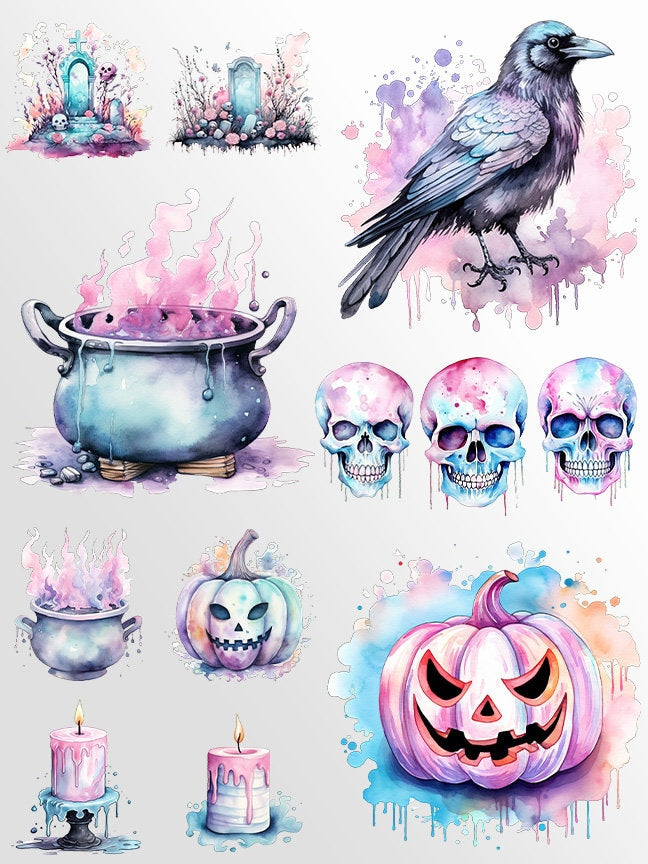 Pastel Halloween Characters Clipart: Pastel Art for Crafts and Decor | PNG Bundle | Digital Download | Sublimation Designs| Retro Spooky Art