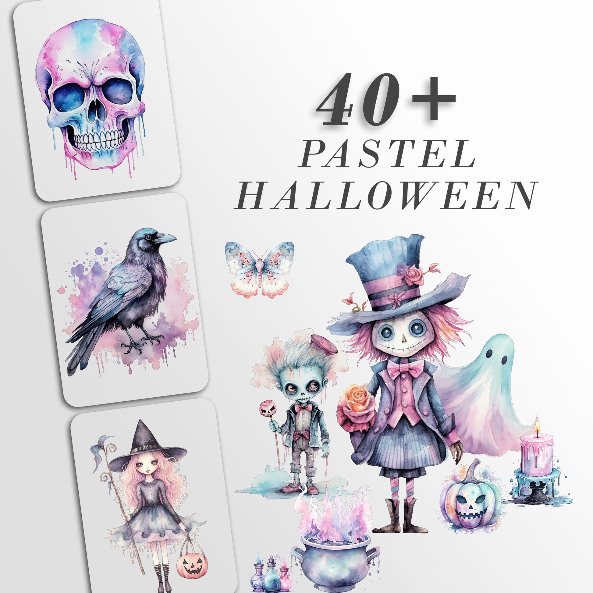 Pastel Halloween Characters Clipart: Pastel Art for Crafts and Decor | PNG Bundle | Digital Download | Sublimation Designs| Retro Spooky Art