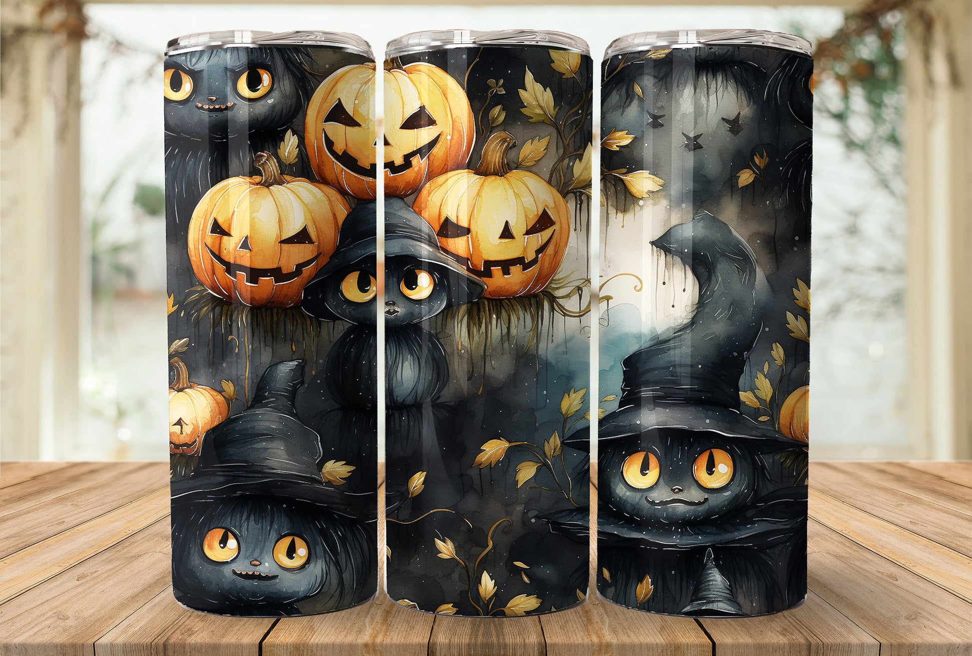 Cute Halloween 20oz Skinny Tumbler Sublimation Wrap | Digital Download Straight Tumbler Wrap PNG | Seamless Cats and Jack o lantern Design|