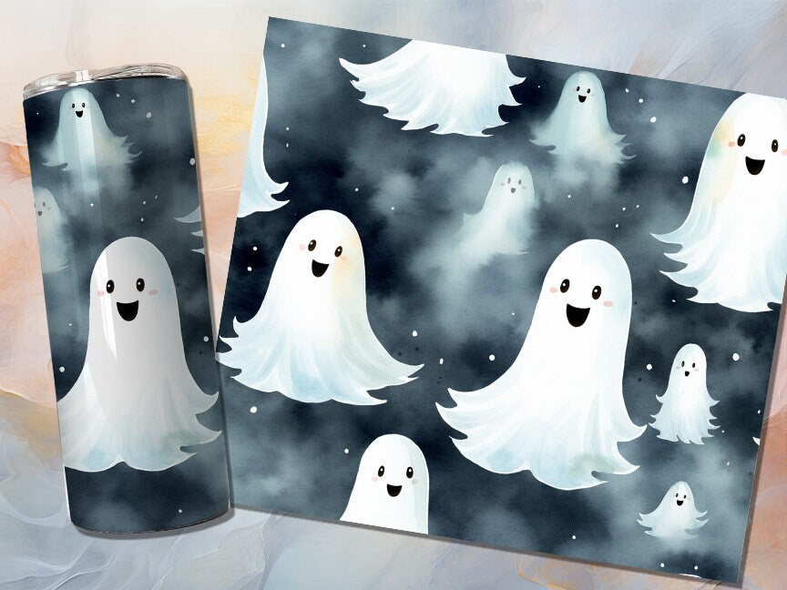 Cute Ghost 20oz Skinny Tumbler Sublimation Wrap | Digital Download Straight Tumbler Wrap PNG | Seamless Spooky Ghost Design| Retro Art