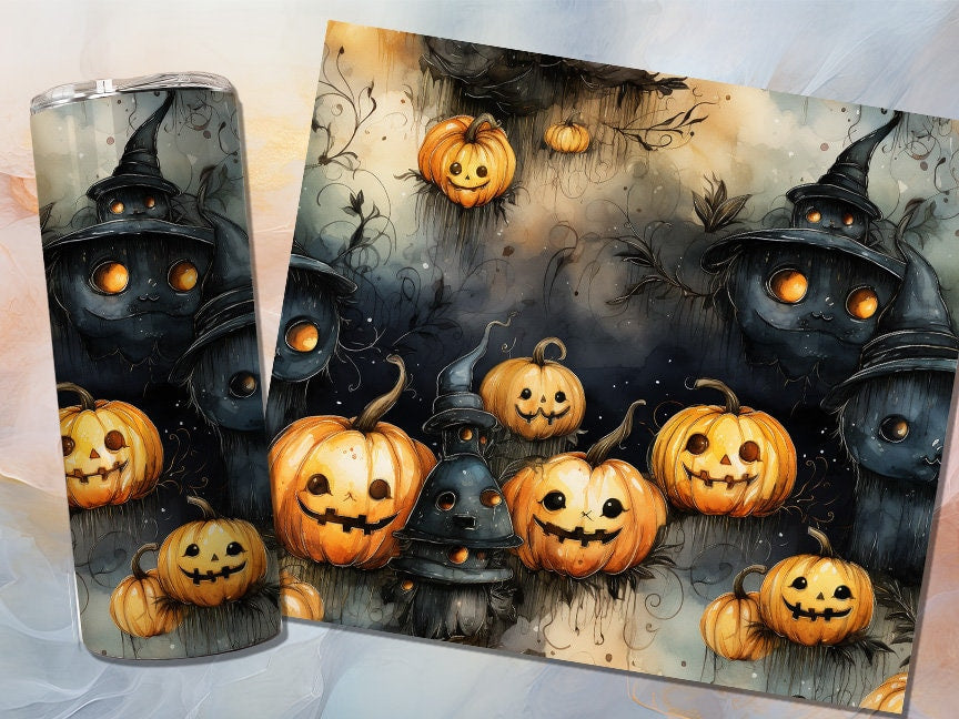 Cute Halloween 20oz Skinny Tumbler Sublimation Wrap | Digital Download Straight Tumbler Wrap PNG | Seamless Cats and Jack o lantern Design|