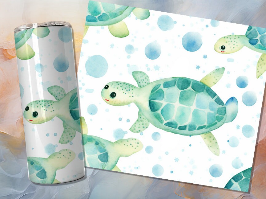 Cute Turtle 20oz Skinny Tumbler Sublimation Wrap | Digital Download Straight Tumbler Wrap PNG | Seamless Beach Design| Whimsical Ocean Art