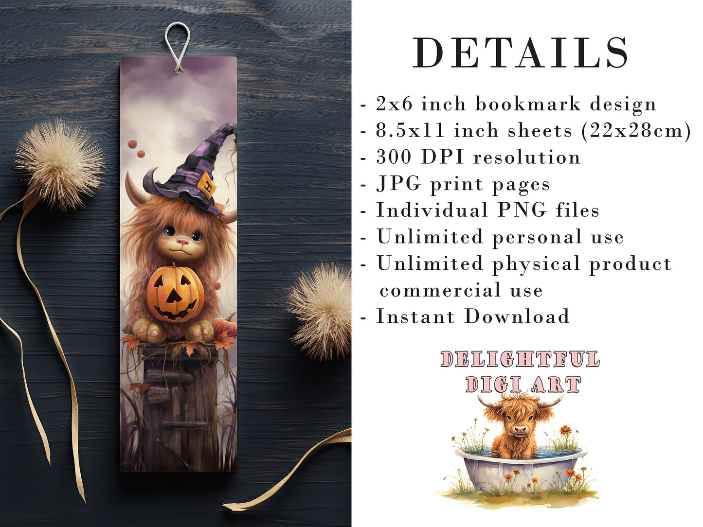15 Cute Halloween Highland Cow Printable Bookmarks | Digital Download JPG Bookmark Set| PNG bookmark sublimation | Whimsical bookmark set