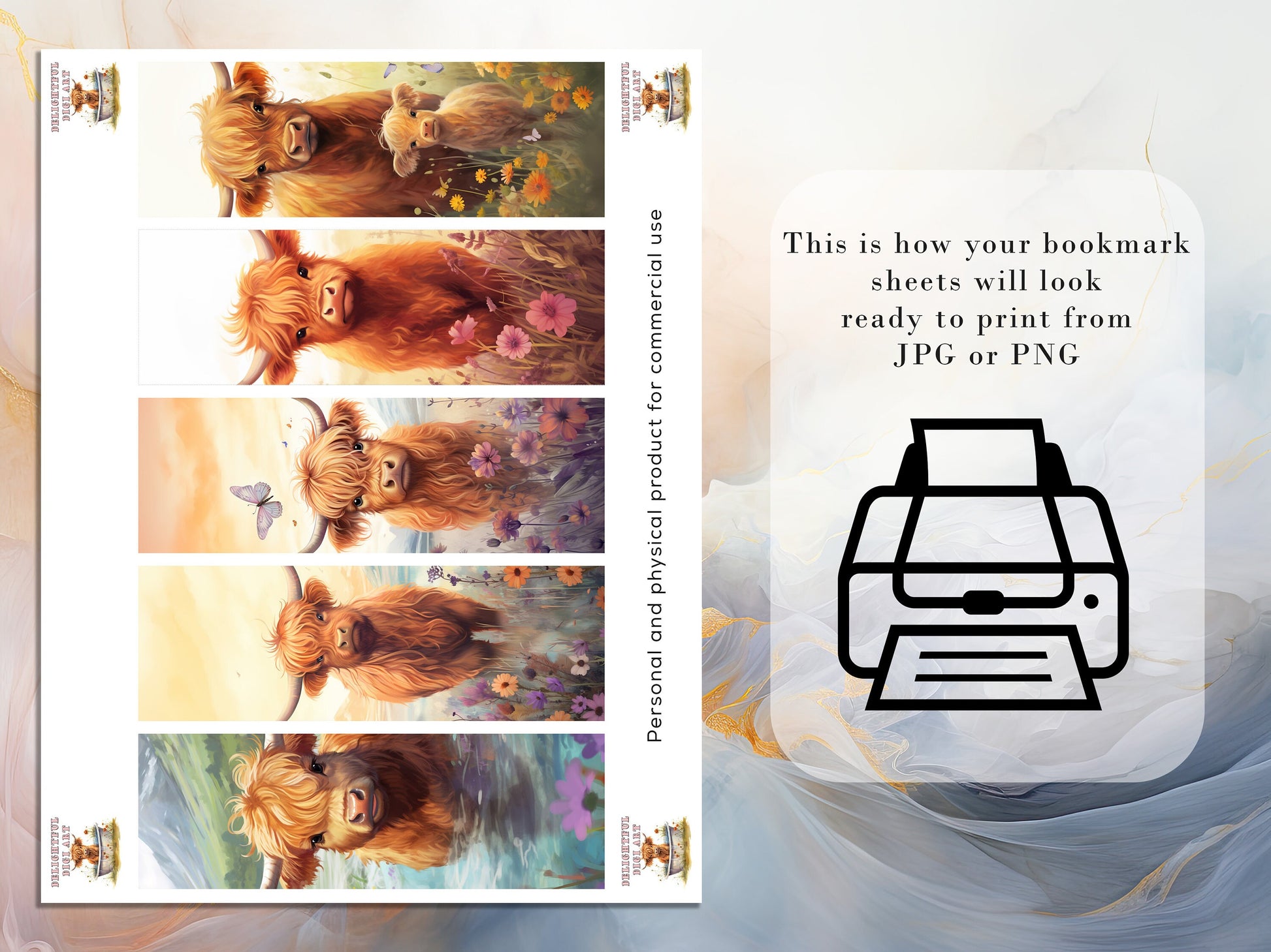 15 Watercolor Highland Cow Printable Bookmarks | Digital Download JPG Bookmark Sheets | PNG bookmark sublimation | Calf bookmark set | Gift