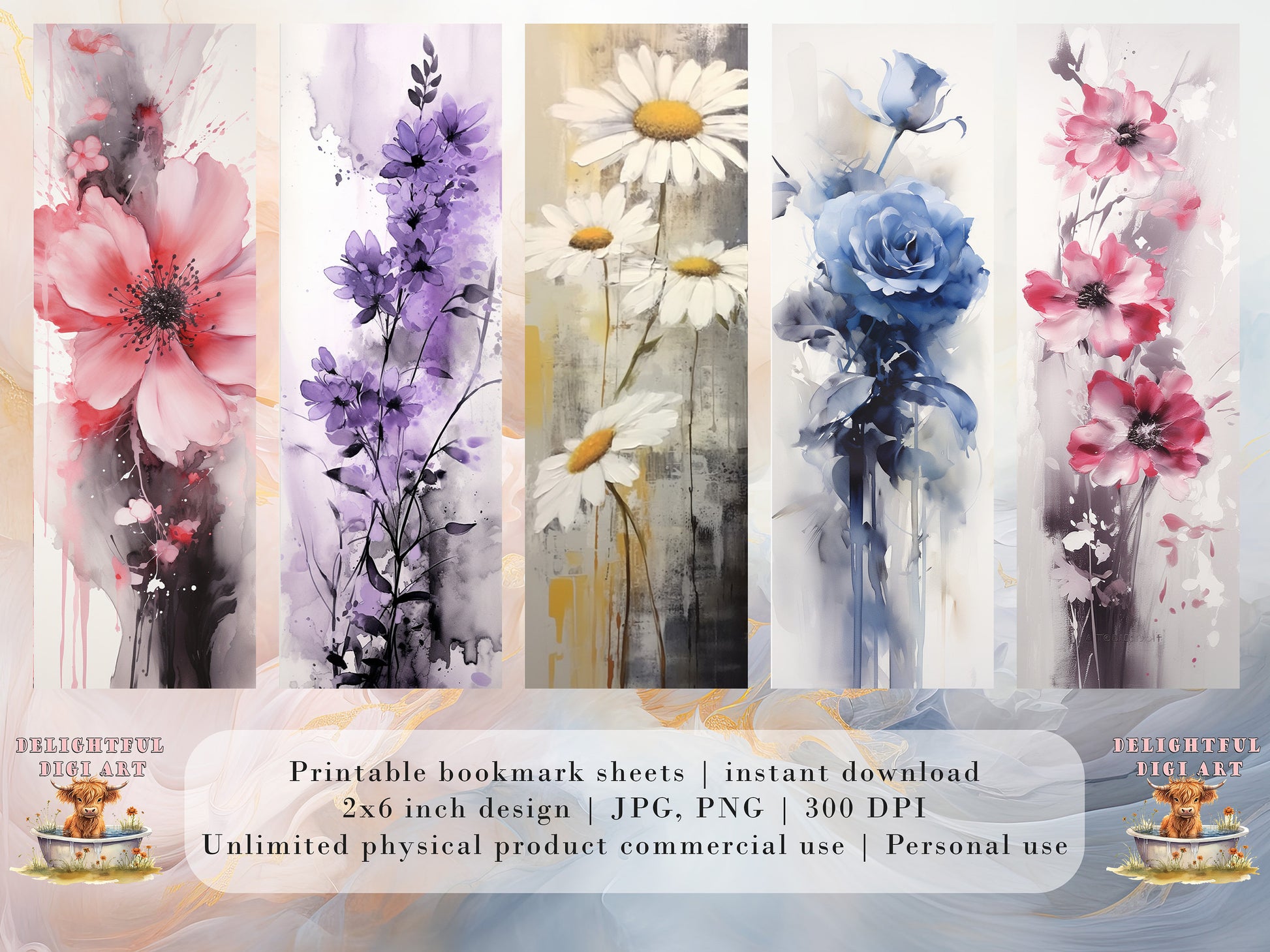 20 Ink Wash Flowers Printable Bookmarks | Digital Download JPG Bookmark Set| PNG bookmark sublimation | Whimsical bookmark set | Fussy Cuts