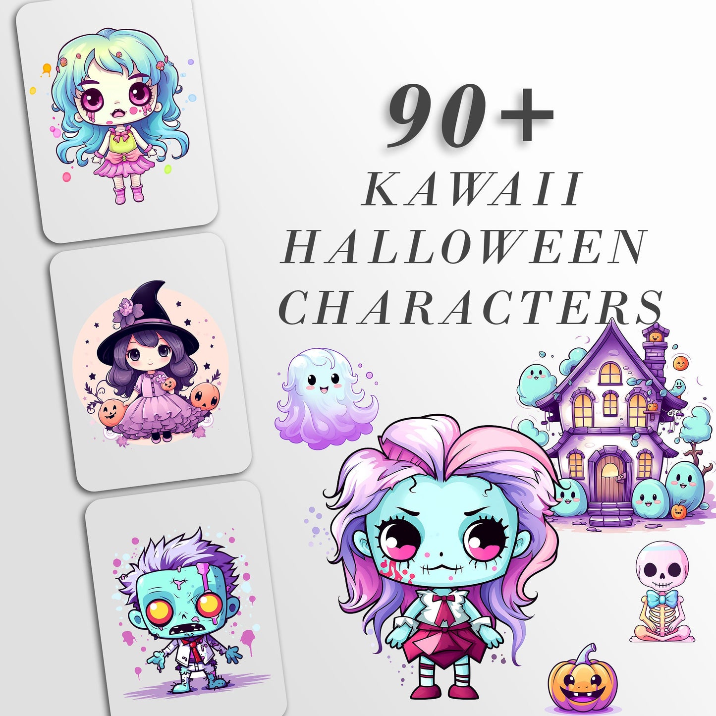 Kawaii Halloween Characters Clipart: Pastel Art for Crafts and Decor | PNG Bundle | Digital Download | Sublimation Designs | Whimsical