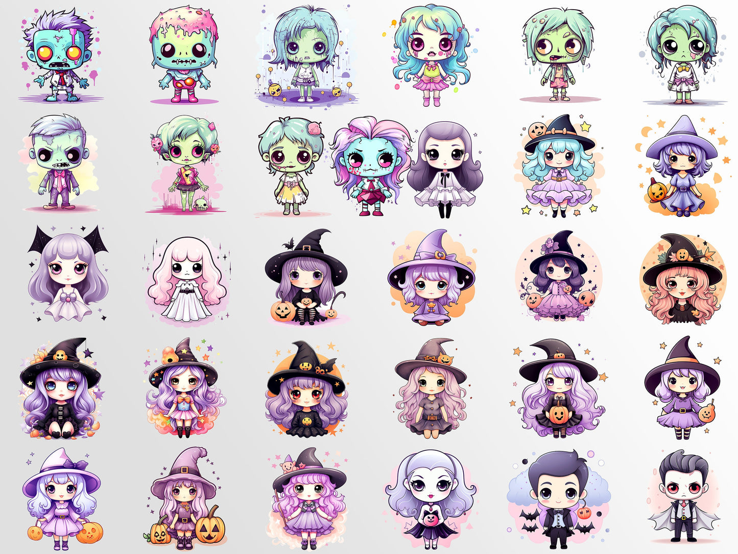 Kawaii Halloween Characters Clipart: Pastel Art for Crafts and Decor | PNG Bundle | Digital Download | Sublimation Designs | Whimsical