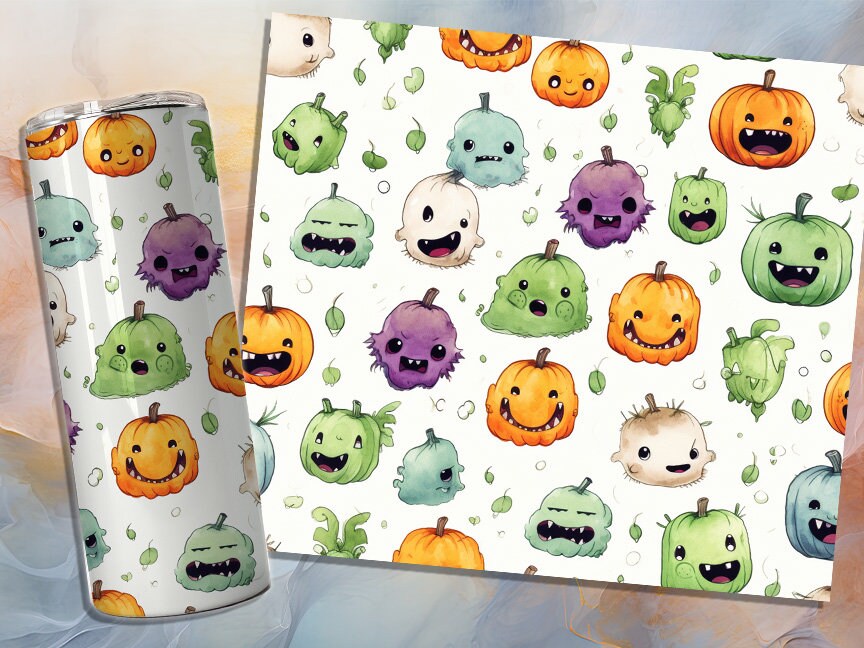 Cute Halloween Monsters 20oz Skinny Tumbler Sublimation Wrap| Digital Download Straight Tumbler Wrap PNG| Seamless Design| Whimsical Artwork