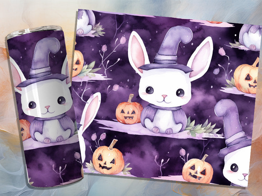 Cute Halloween Bunny 20oz Skinny Tumbler Sublimation Wrap| Digital Download Straight Tumbler Wrap PNG| Seamless Design| Whimsical Artwork