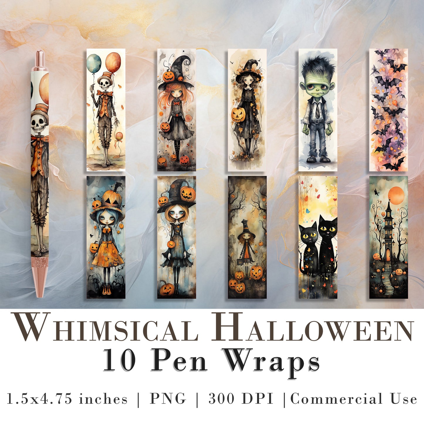 10 Whimsical Halloween Pen Wrap PNGs | Pen Wrap Sublimation Designs | Pen Waterslide Designs | Pencil Sublimation Design | Epoxy Pen Wraps