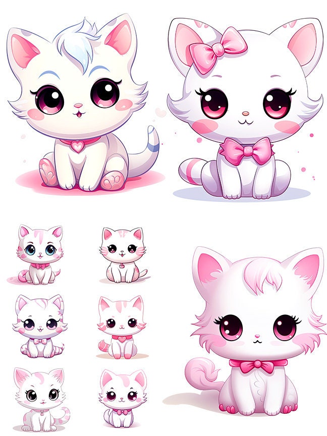 Cute Cat Clip Art, Kawaii Cats PNG Bundle, Kitten Art, Commercial Use, T-shirt sublimation, Birthday Invitations, Pink Cat Graphics