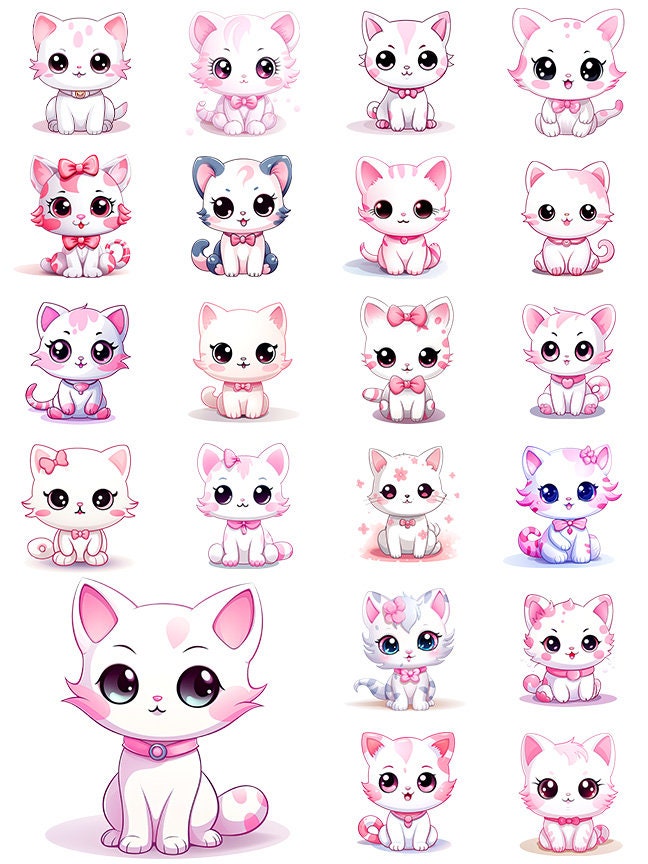 Cute Cat Clip Art, Kawaii Cats PNG Bundle, Kitten Art, Commercial Use, T-shirt sublimation, Birthday Invitations, Pink Cat Graphics