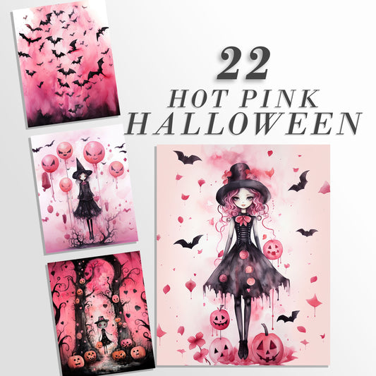 22 Hot Pink Halloween Printable Art Pages| Digital Download JPG Paper Set| PNG sublimation| Whimsical Digital Paper Bundle| Retro Characters