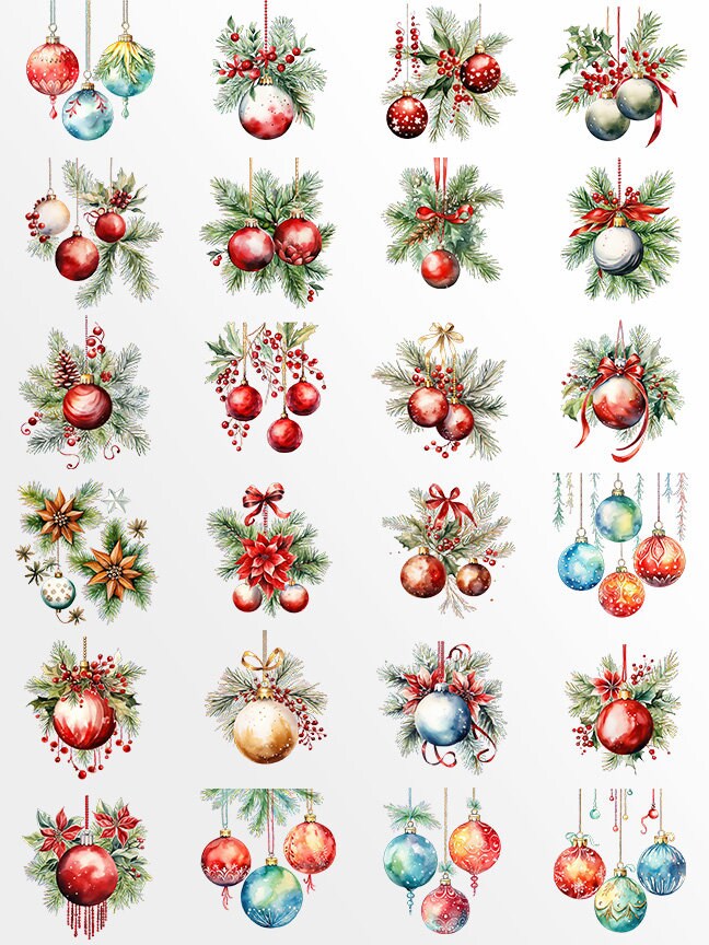 60 Christmas Decorations Clipart: Watercolor Ornaments for Crafts and Decor | PNG Bundle | Digital Download | Sublimation Designs| Retro Art